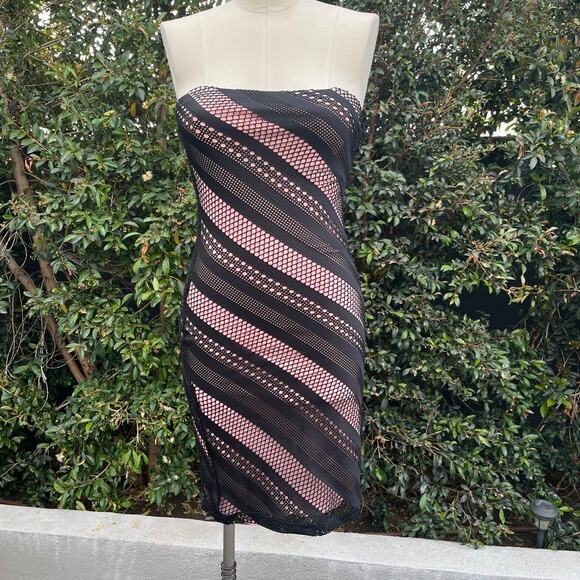 Vintage Y2K Savvy Pink Black Striped Strapless Mini Dress Made in USA Small 90s - Picture 1 of 7